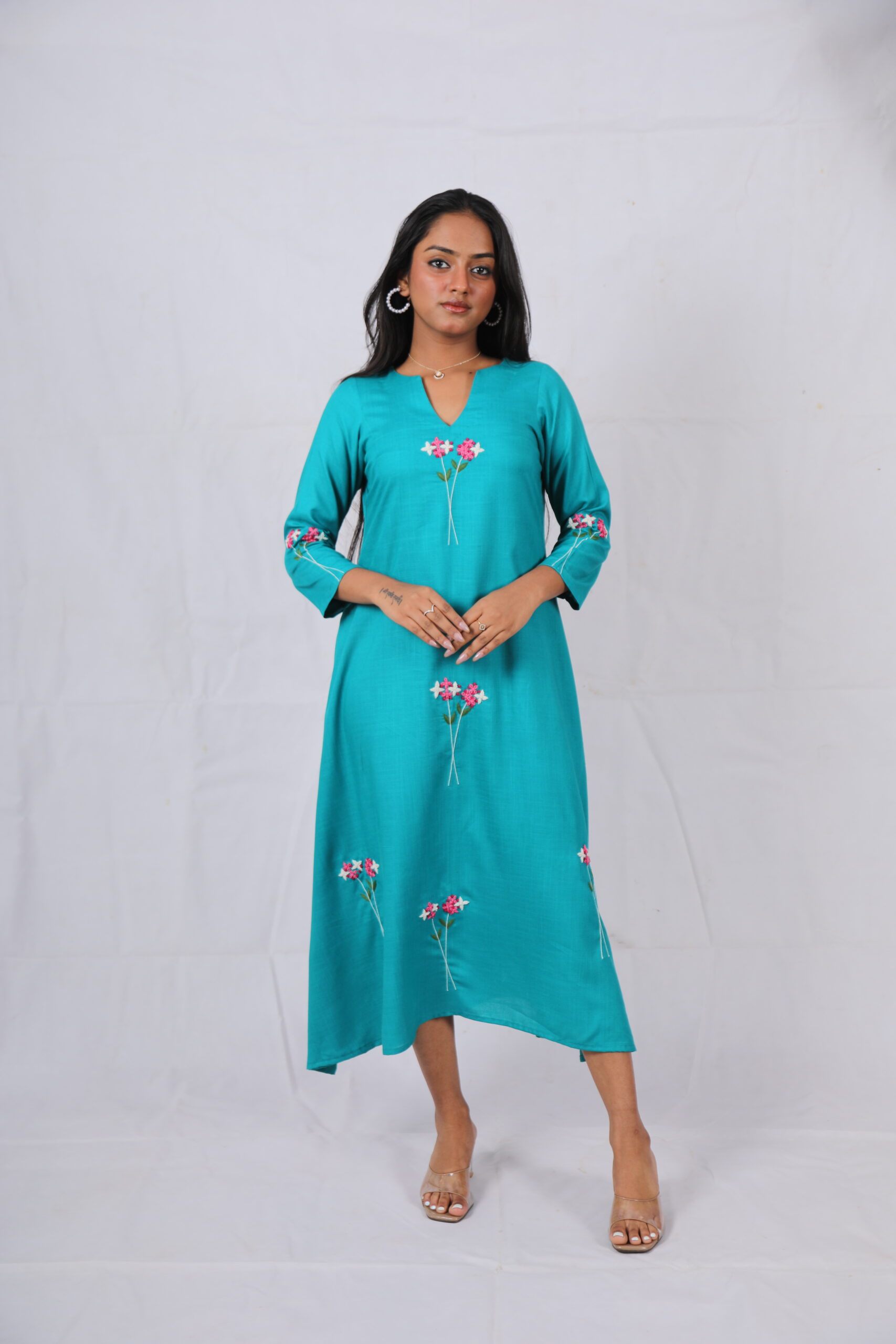 Kaira Teal Embroidered A-Line Kurti -Turquoise Blue - Image 2