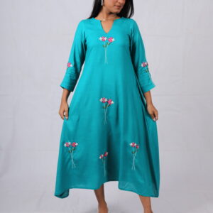 Kaira Teal Embroidered A-Line Kurti -Turquoise Blue