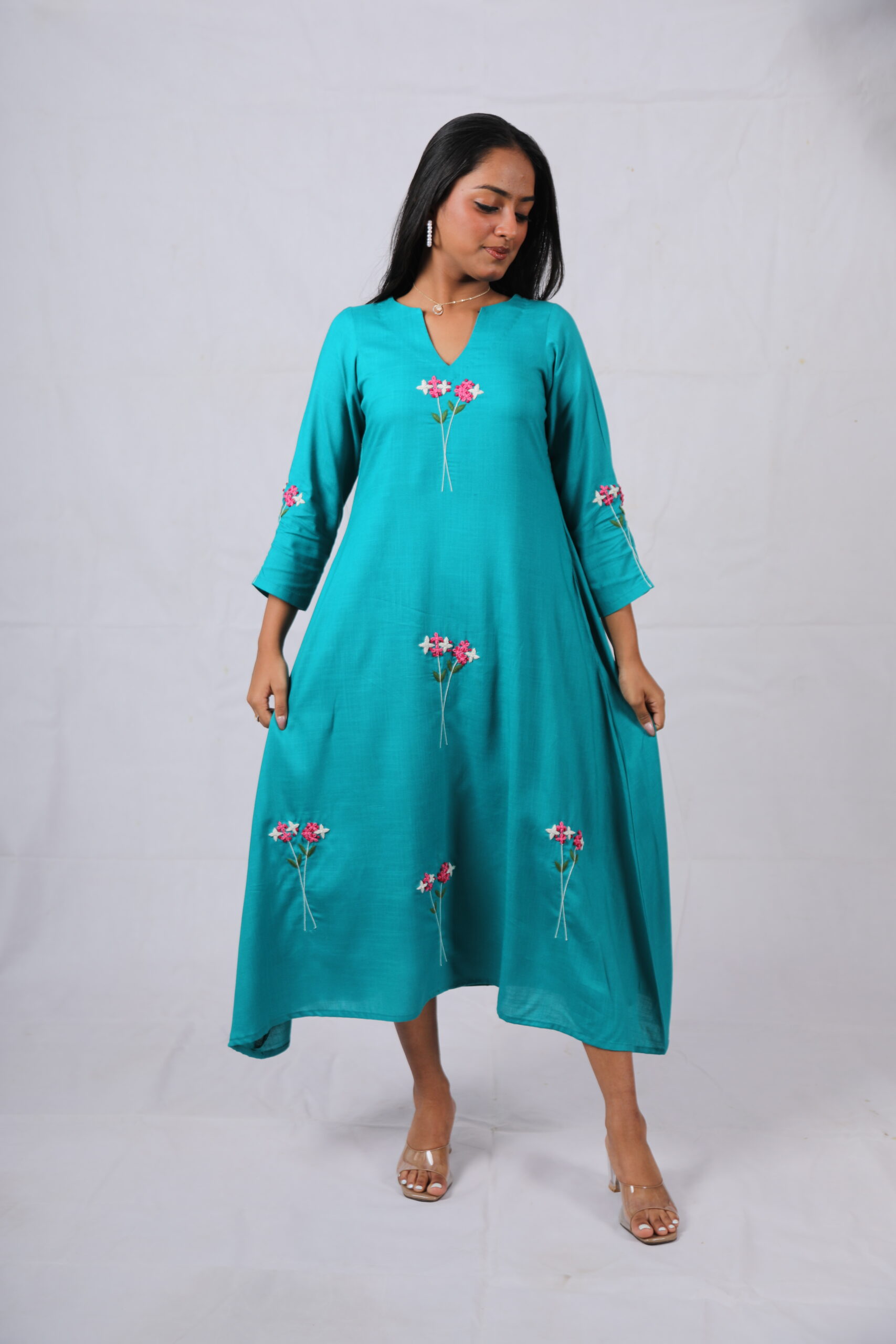 Kaira Teal Embroidered A-Line Kurti -Turquoise Blue