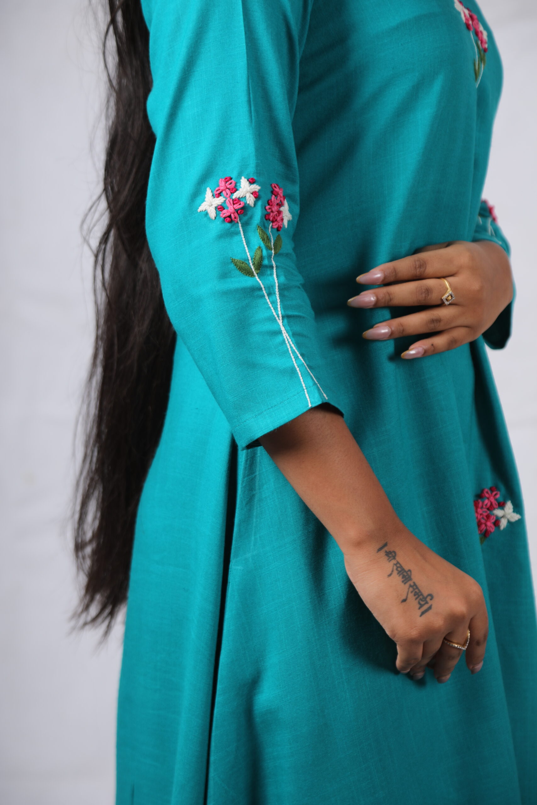 Kaira Teal Embroidered A-Line Kurti -Turquoise Blue - Image 4