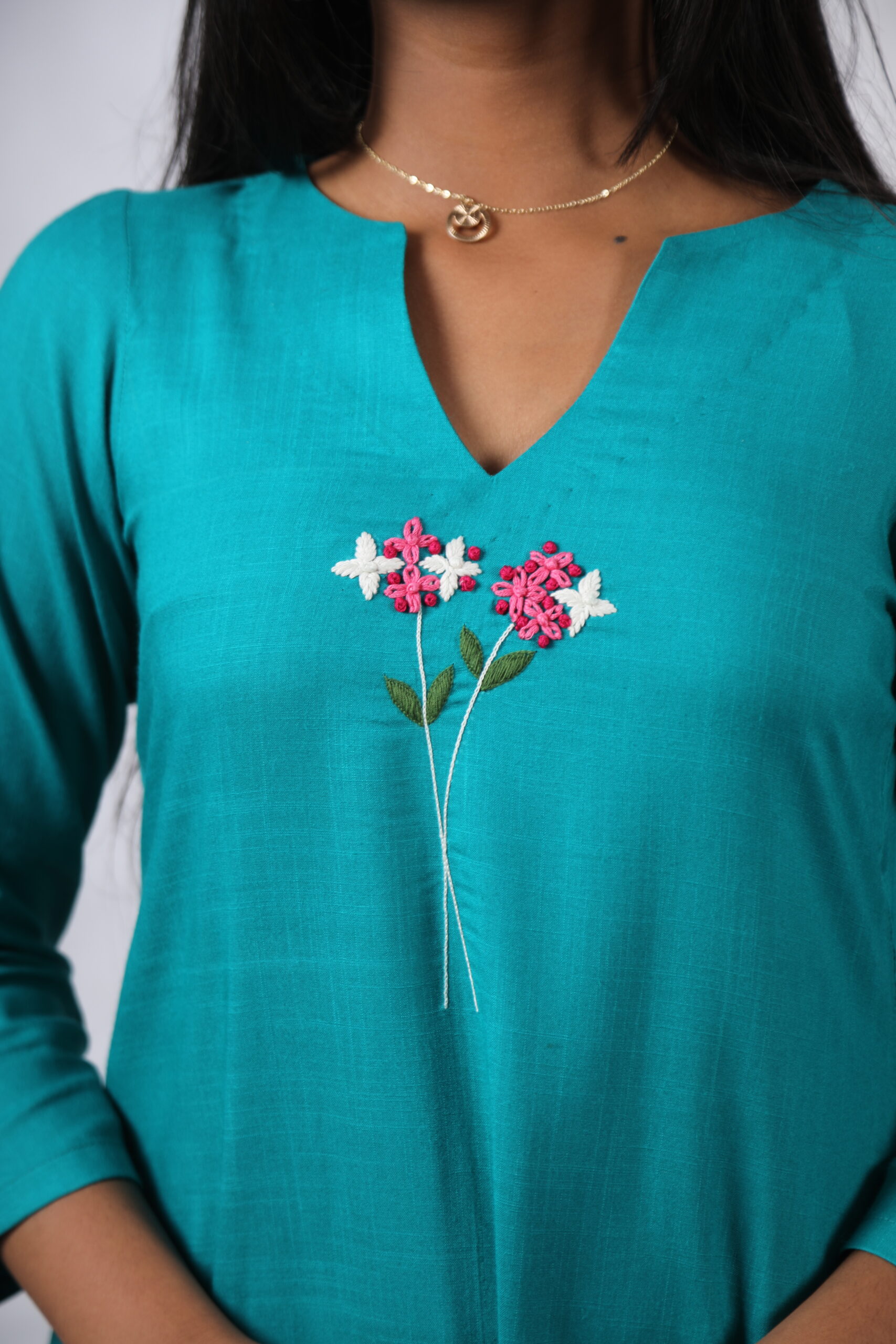 Kaira Teal Embroidered A-Line Kurti -Turquoise Blue - Image 5