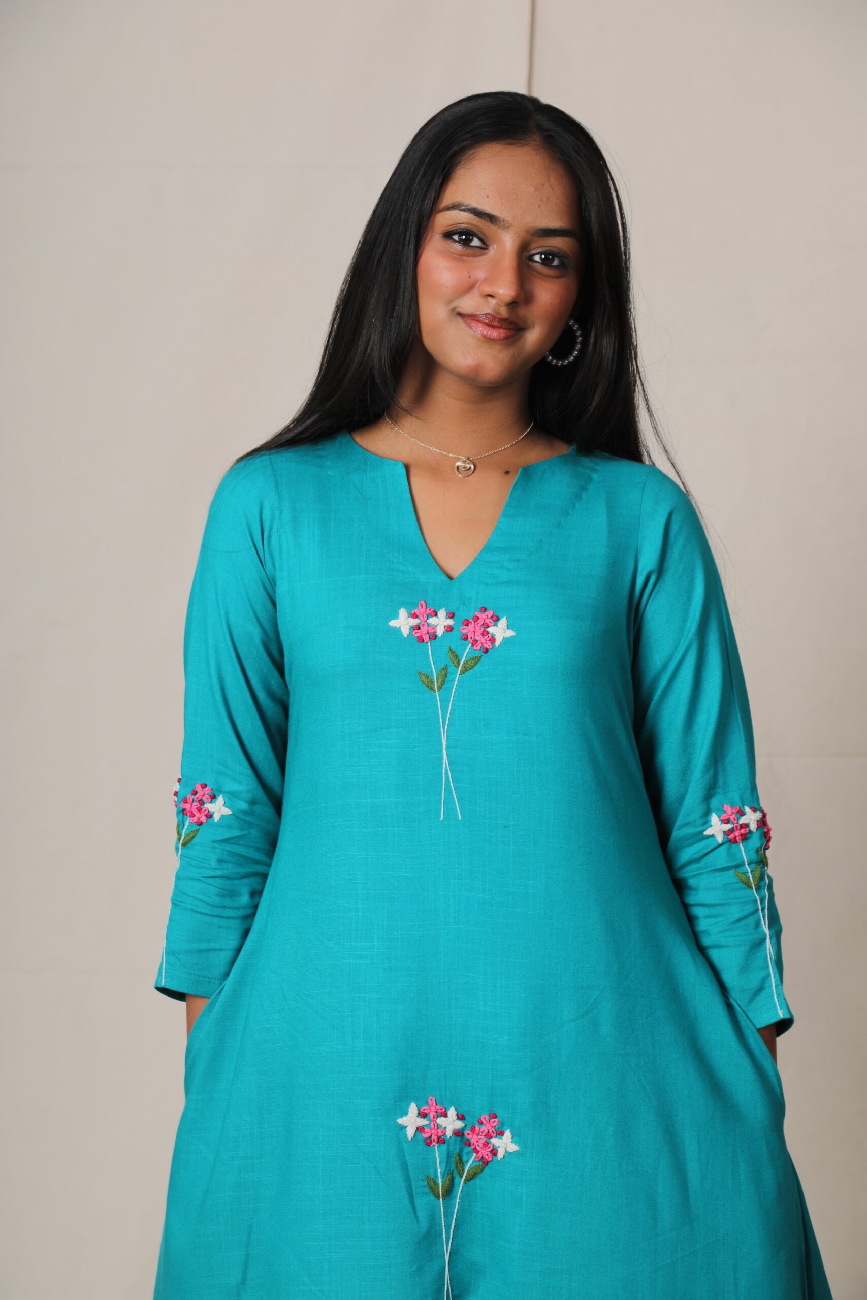 Kaira Teal Embroidered A-Line Kurti -Turquoise Blue - Image 3