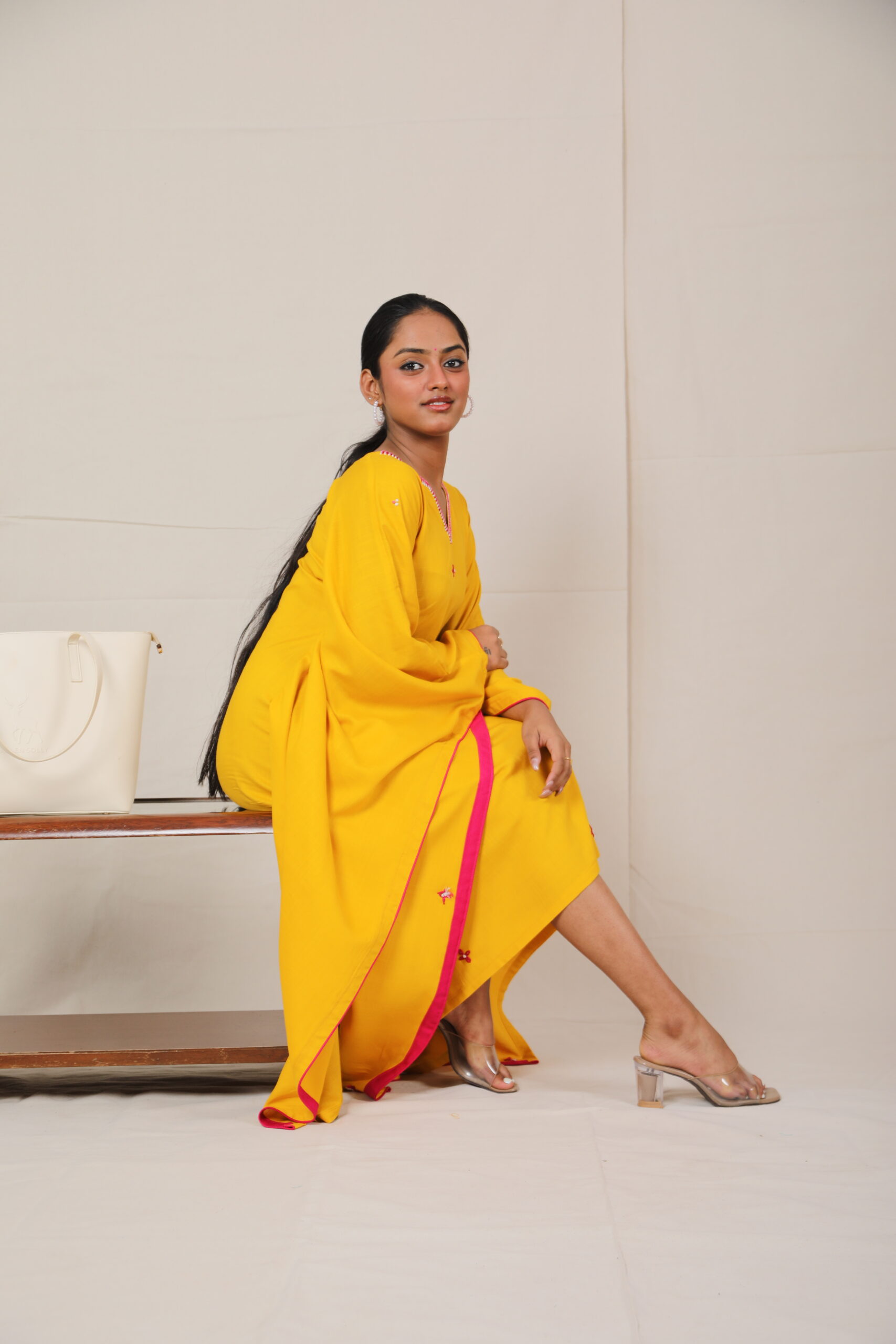 Liya Mustard Yellow Embroidered Kaftan - Image 3