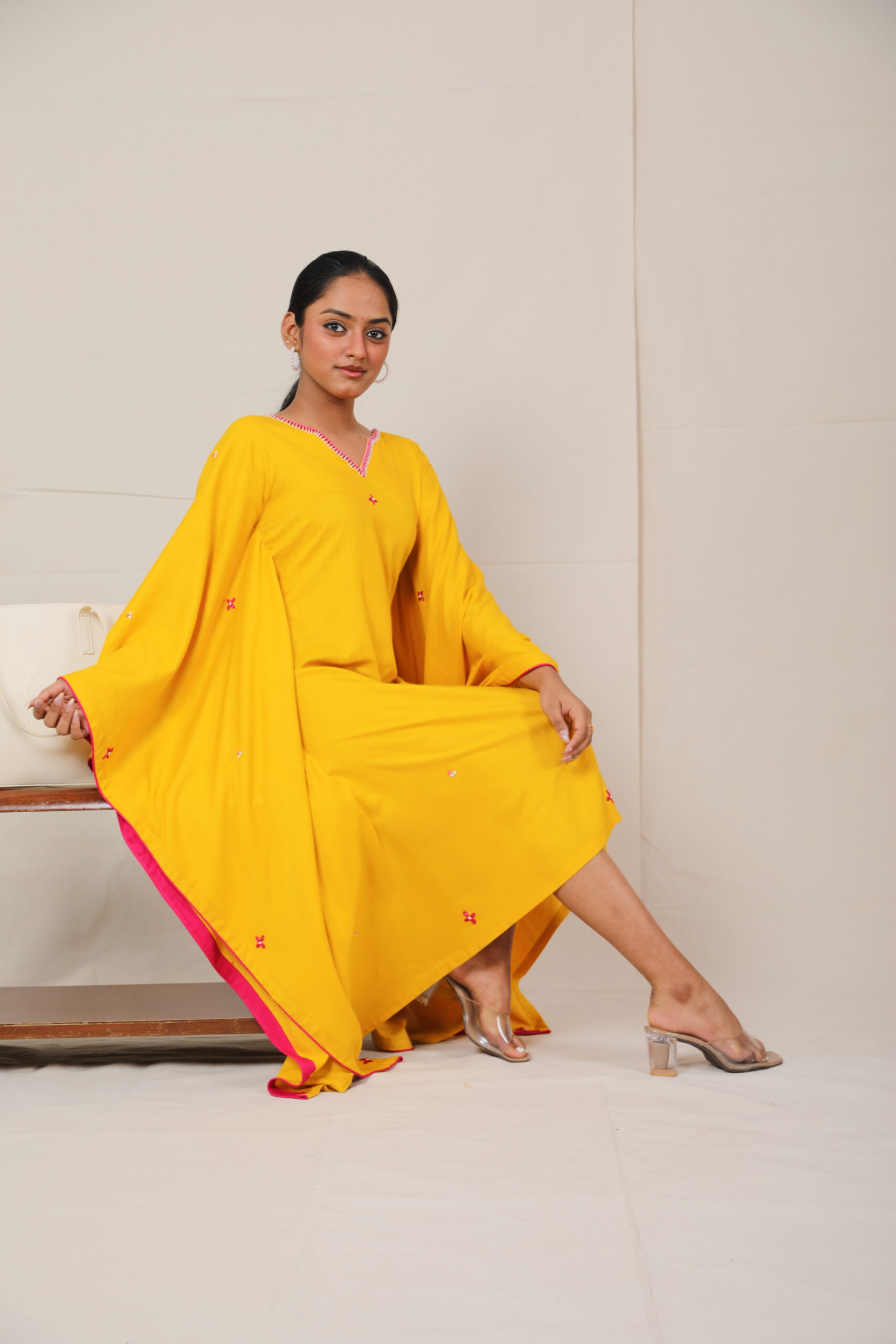 Liya Mustard Yellow Embroidered Kaftan