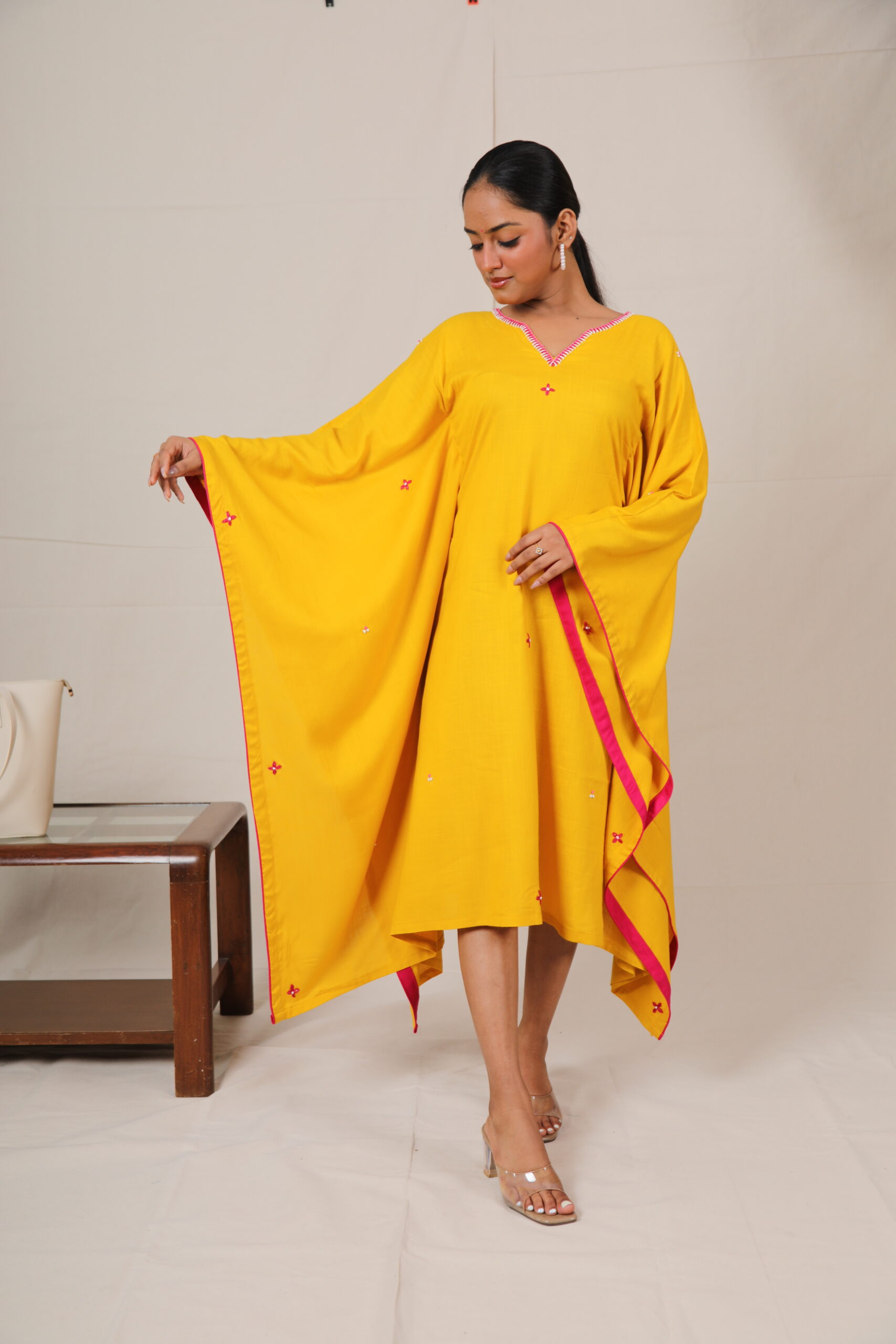 Liya Mustard Yellow Embroidered Kaftan - Image 2