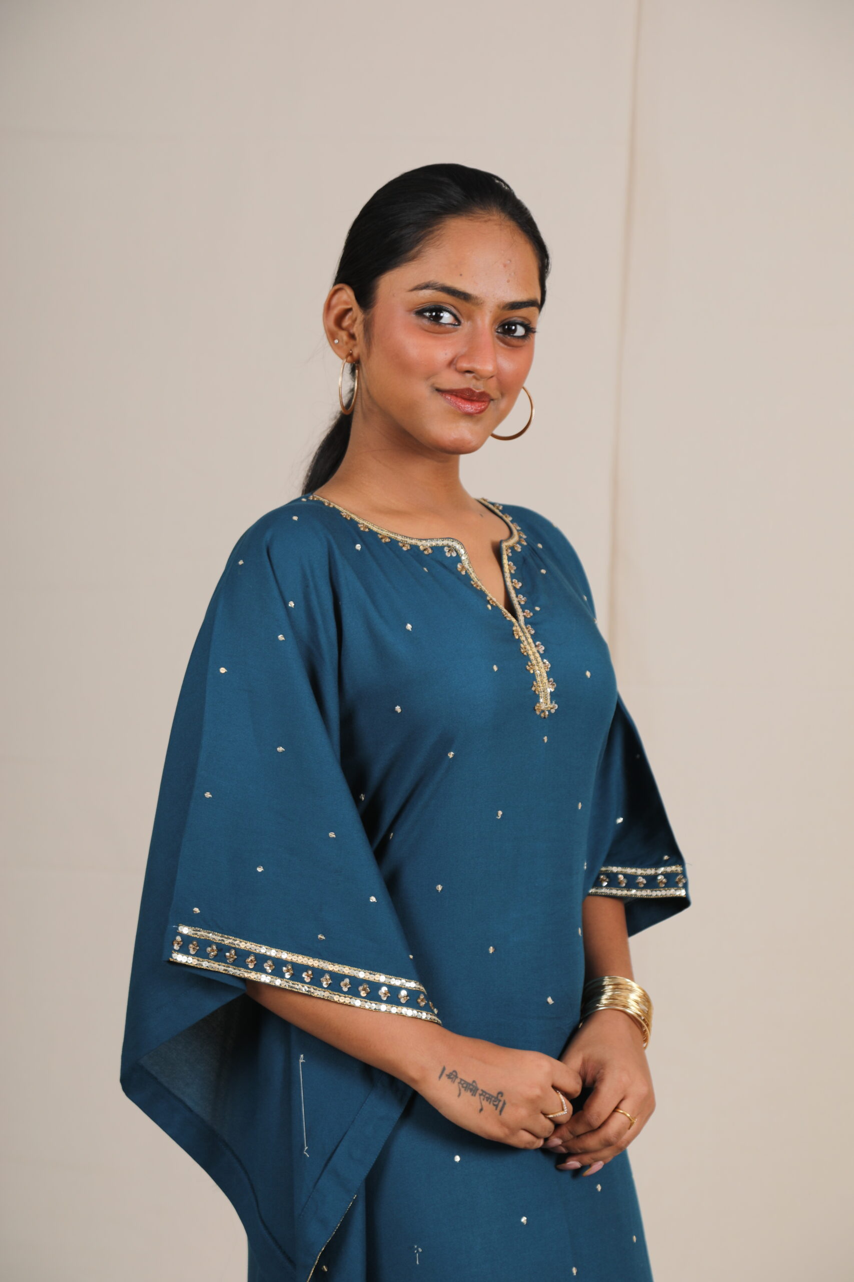 Aahana Gold Sequins Embroidered Blue Kaftan - Image 4
